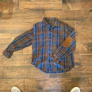 Todd Snyder Blue & Brown Plaid Button-Down Shirt with Elbow Patches
